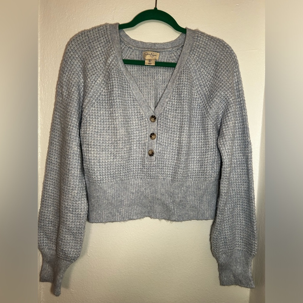Jessica Simpson Baby Blue Knit Cropped V-Neck Sweater